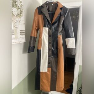 Colorblock patchwork Faux Leather Trench Coat - Brown, Black & Cream